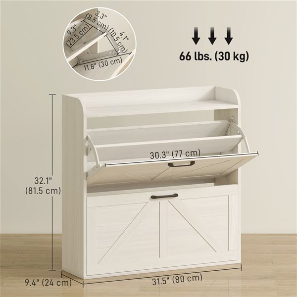 HOMCOM Narrow Shoe Cabinet with 2 Flip Drawers - White/Oak