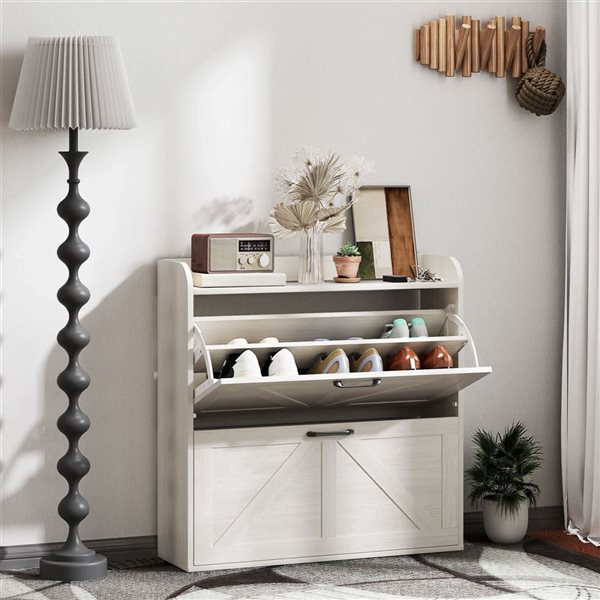 HOMCOM Narrow Shoe Cabinet with 2 Flip Drawers - White/Oak