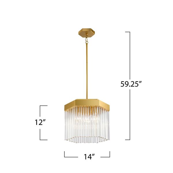 Artcraft Lighting Emma 3-Light Pendant w/ Clear Glass Rods Shade - Brushed Brass