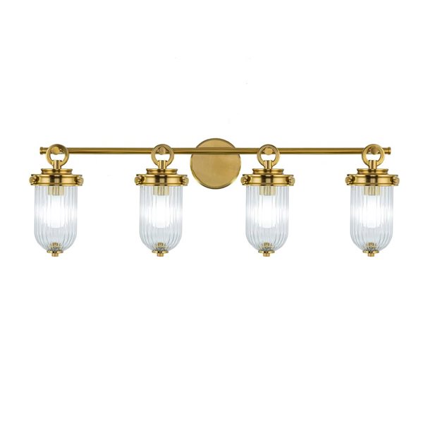 Artcraft Lighting Myla 4-Light Bathroom Vanity w/ Clear Ribbed Glass Diffuser Shade - Vintage Brass