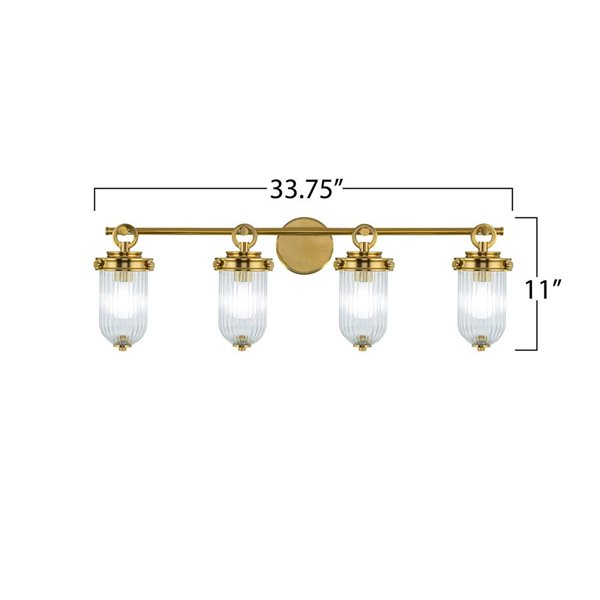 Artcraft Lighting Myla 4-Light Bathroom Vanity w/ Clear Ribbed Glass Diffuser Shade - Vintage Brass