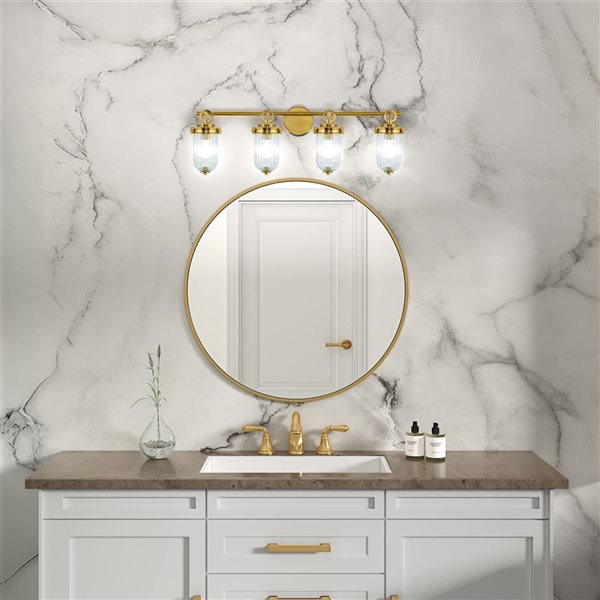 Artcraft Lighting Myla 4-Light Bathroom Vanity w/ Clear Ribbed Glass Diffuser Shade - Vintage Brass