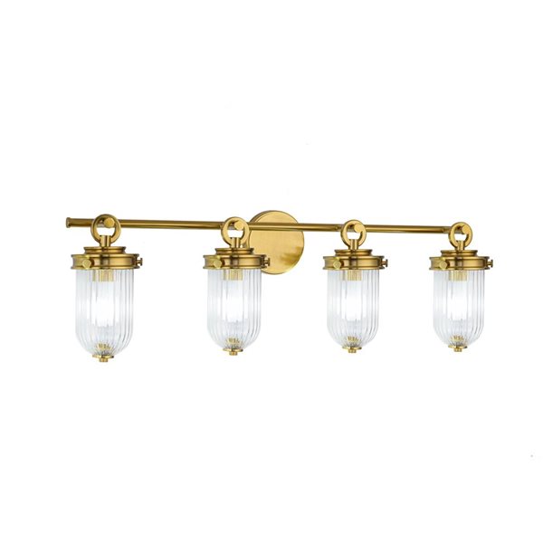 Artcraft Lighting Myla 4-Light Bathroom Vanity w/ Clear Ribbed Glass Diffuser Shade - Vintage Brass