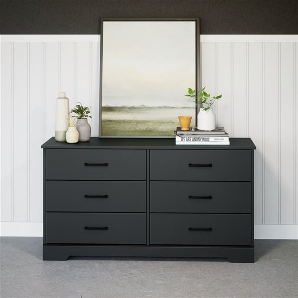 Prepac Rustic Ridge 53.25 W x 28.5-in H Black 6-Drawer Rustic Double Dresser w/ Black Metal Handles