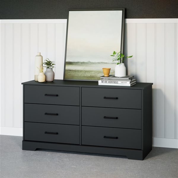 Prepac Rustic Ridge 53.25 W x 28.5-in H Black 6-Drawer Rustic Double Dresser w/ Black Metal Handles