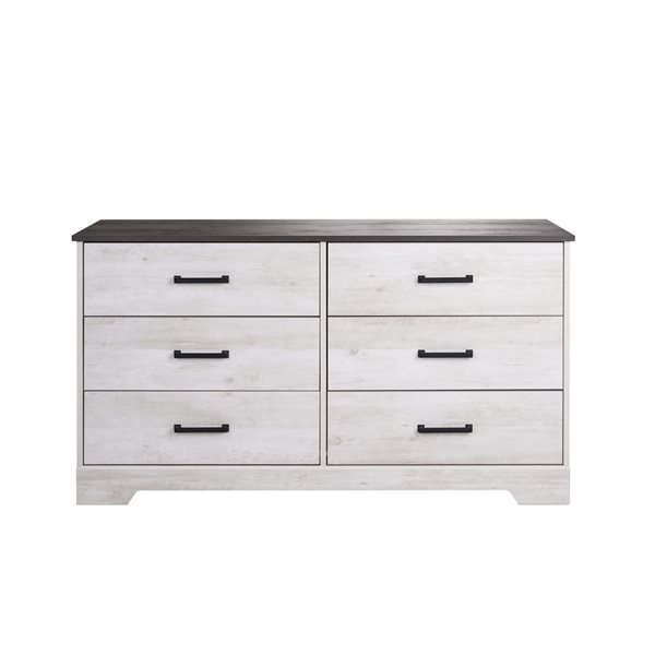 Prepac Rustic Ridge 53.25 W x 28.5-in H Washed White 6-Drawer Rustic Double Dresser w/ Black Metal Handles