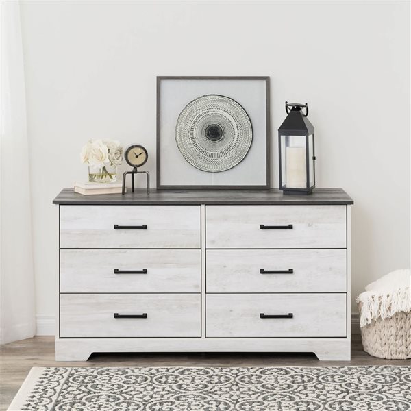 Prepac Rustic Ridge 53.25 W x 28.5-in H Washed White 6-Drawer Rustic Double Dresser w/ Black Metal Handles