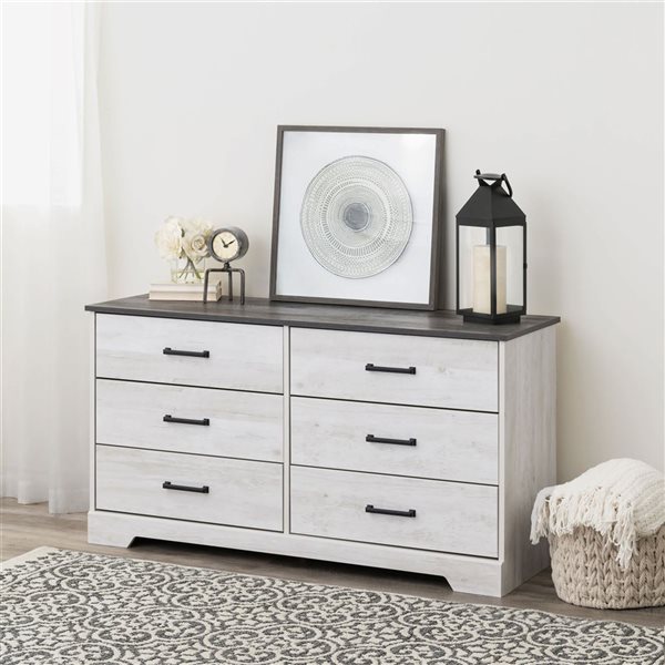 Prepac Rustic Ridge 53.25 W x 28.5-in H Washed White 6-Drawer Rustic Double Dresser w/ Black Metal Handles