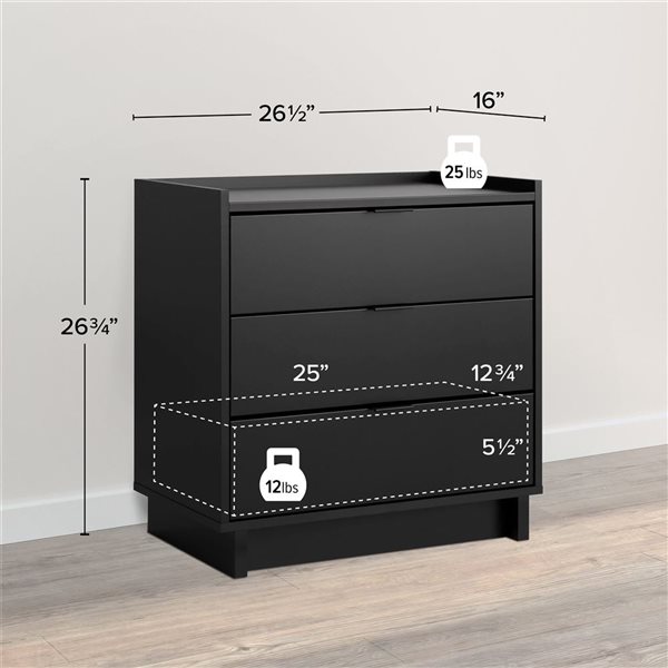 Prepac Simply Modern 16 D x 26.5 W x 26.75-in H Black Laminated Wood 3-Drawer Modern Nightstand