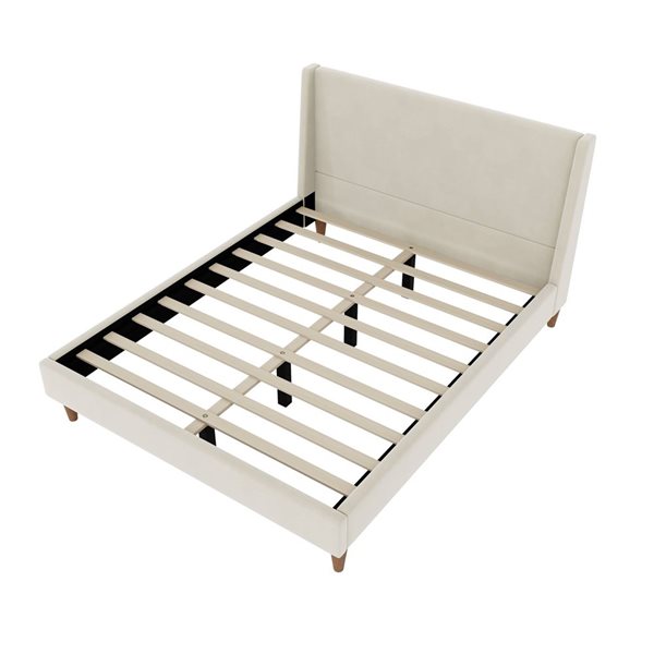Best Selling Home Decor Velora Modern Queen-Size Velvet Upholstered Platform Bed w/ Wingback Headboard - Off-White