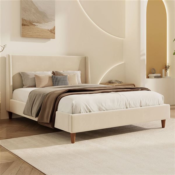 Best Selling Home Decor Velora Modern Queen-Size Velvet Upholstered Platform Bed w/ Wingback Headboard - Off-White