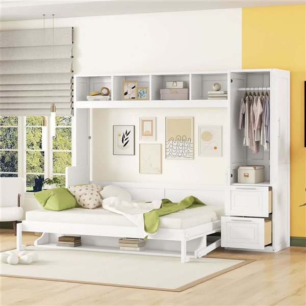 Best Selling Home Decor Aurea Queen-Size Murphy Wall Bed w/ Closet and Drawers - White
