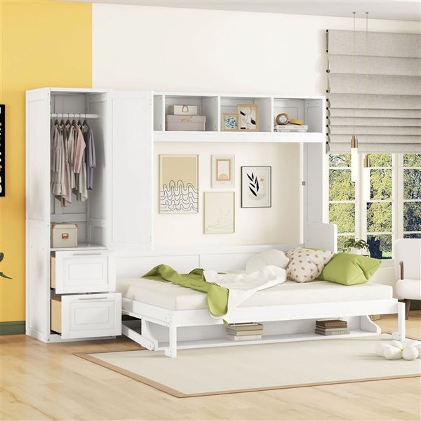 Best Selling Home Decor Aurea Queen-Size Murphy Wall Bed w/ Closet and Drawers - White