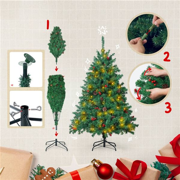 CAPHAUS 4.5-ft Pre-Lit LED Artificial Christmas Tree with 200 Twinkling Lights with Pinecones, Berries and Foldable Stand