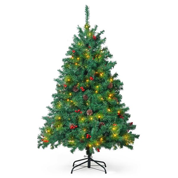 CAPHAUS 4.5-ft Pre-Lit LED Artificial Christmas Tree with 200 Twinkling Lights with Pinecones, Berries and Foldable Stand