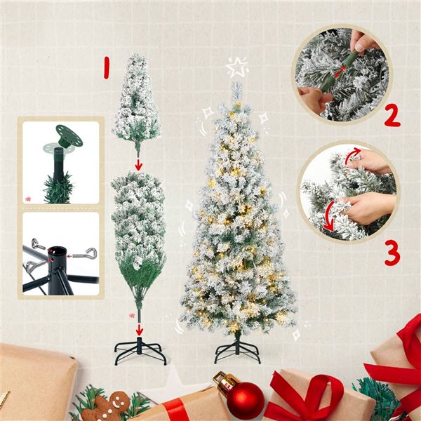 CAPHAUS 4.5-ft Pre-Lit LED Flocked Slim Pencil Tree Artificial Christmas Tree with 150 Twinkling Lights and Foldable Stand