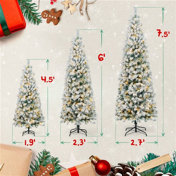 CAPHAUS 4.5-ft Pre-Lit LED Flocked Slim Pencil Tree Artificial Christmas Tree with 150 Twinkling Lights and Foldable Stand