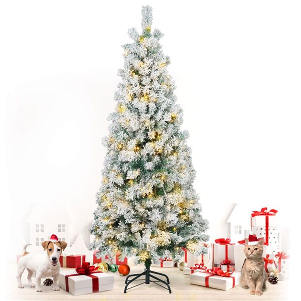 CAPHAUS 4.5-ft Pre-Lit LED Flocked Slim Pencil Tree Artificial Christmas Tree with 150 Twinkling Lights and Foldable Stand