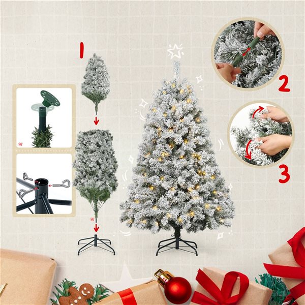 CAPHAUS 4.5-ft Snow Flocked Pre-Lit LED Artificial Christmas Tree with 200 Twinkling Lights with Foldable Stand