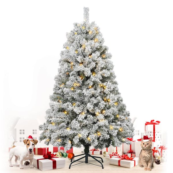 CAPHAUS 4.5-ft Snow Flocked Pre-Lit LED Artificial Christmas Tree with 200 Twinkling Lights with Foldable Stand