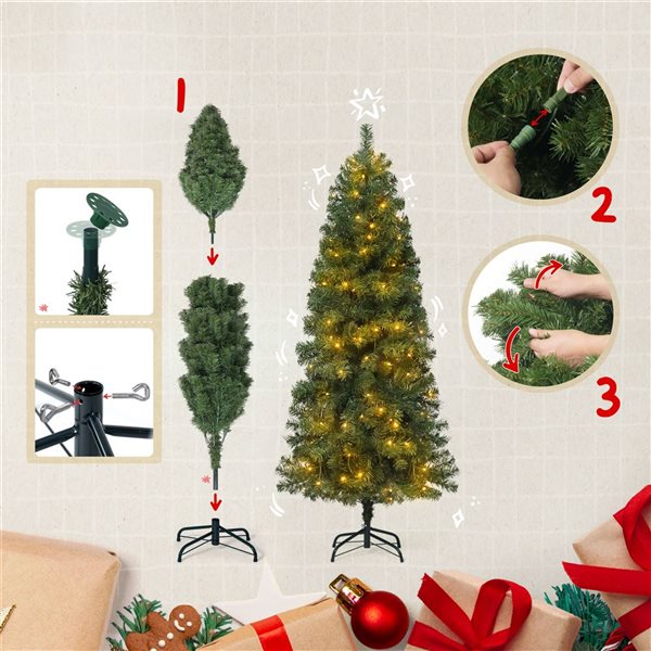 CAPHAUS 4.5-ft Pre-Lit LED Slim Pencil Tree Artificial Christmas Tree with 150 Lights and Foldable Stand