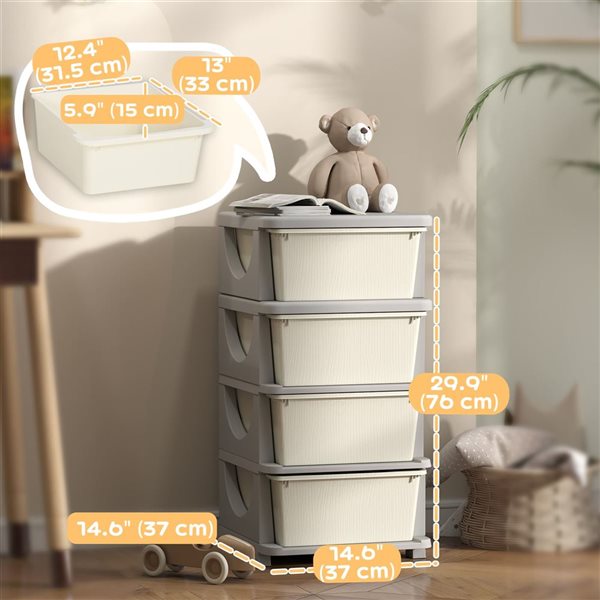 Qaba Kids' Toy Storage Organizer w/ 4 Plastic Bins - Cream