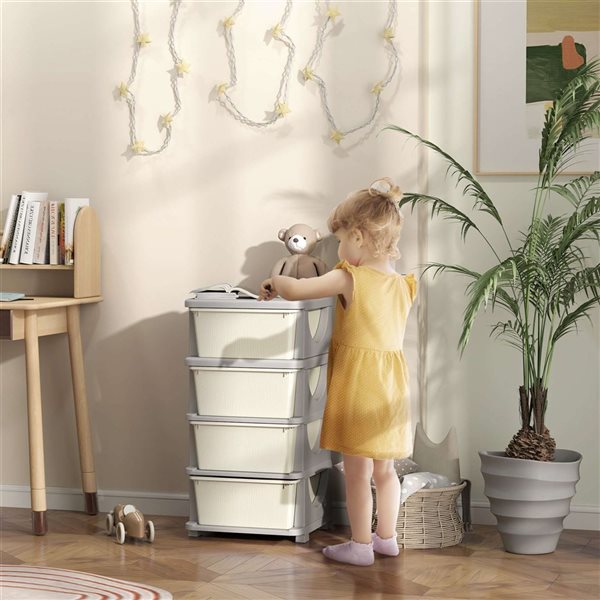 Qaba Kids' Toy Storage Organizer w/ 4 Plastic Bins - Cream