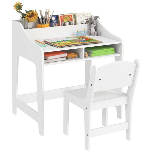 Qaba Kids' Study Desk and Chair Set w/ Storage Compartments - White