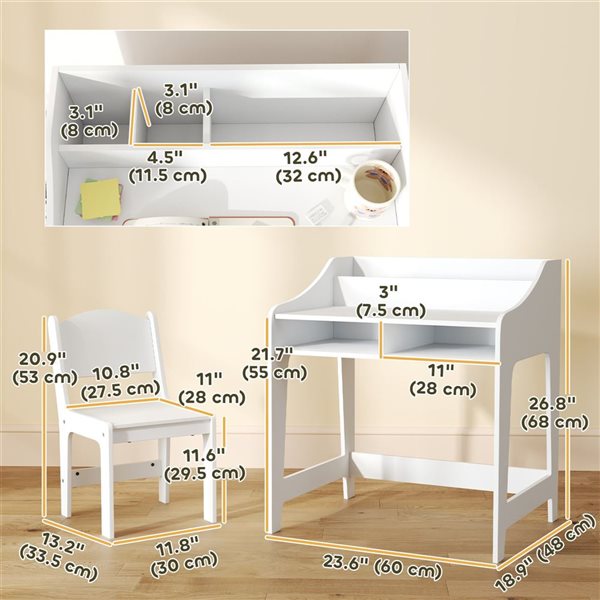 Qaba Kids' Study Desk and Chair Set w/ Storage Compartments - White