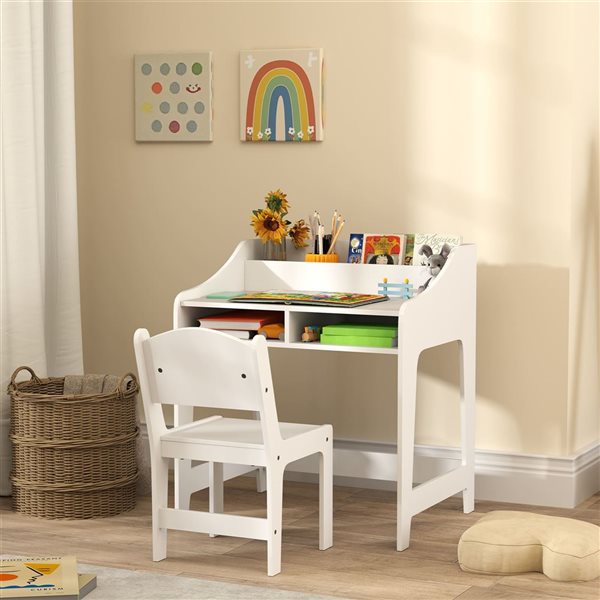 Qaba Kids' Study Desk and Chair Set w/ Storage Compartments - White