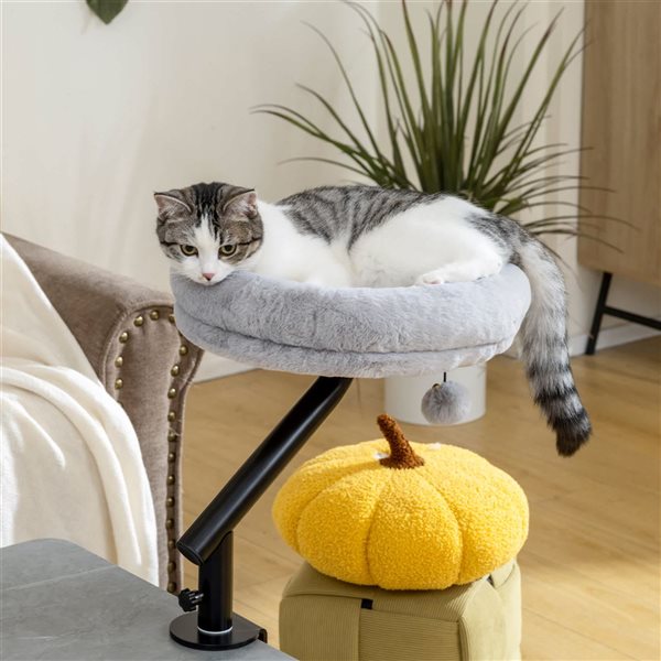 PawHut Grey 360° Rotatable Adjustable Height Desktop Cat Bed for Home Office