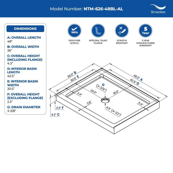 Streamline 48 x 36-in Alcove Acrylic Shower Base w/ Included Centre Drain - Matte Black