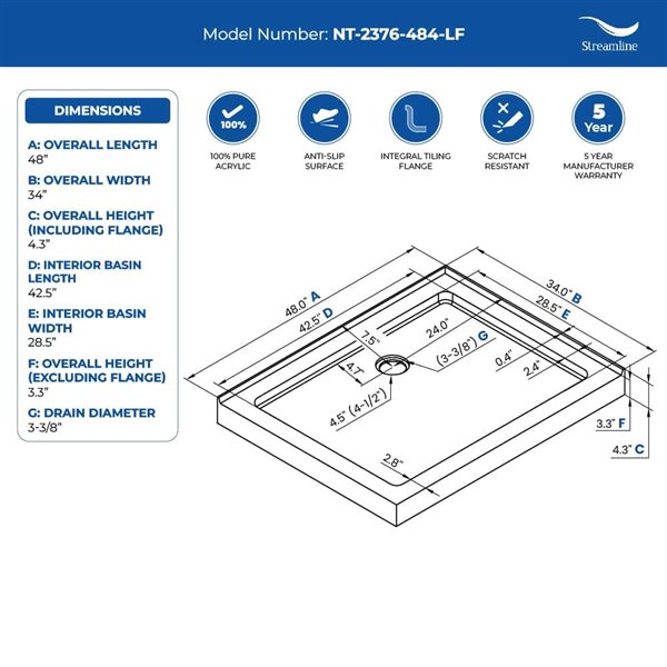 Streamline 48 x 34-in Corner Acrylic Shower Base w/ Included Left Drain - Gloss White