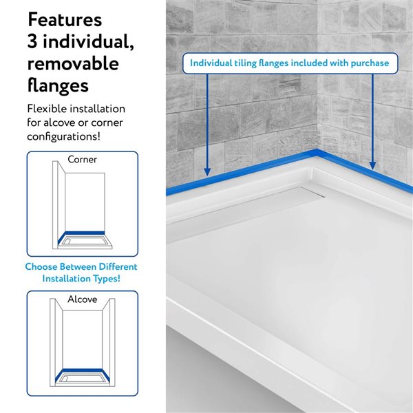 Streamline 60 x 36-in Corner PP Shower Base w/ Included Left Side Drain - Gloss White