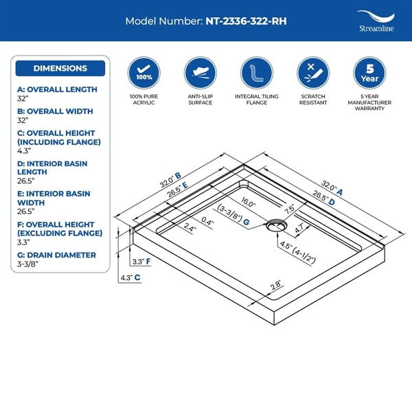 Streamline 32 x 32-in Corner Acrylic Shower Base w/ Included Right Side Drain - Gloss White
