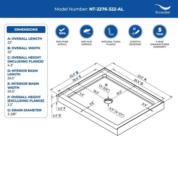 Streamline 32 x 32-in Alcove Acrylic Shower Base w/ Included Centre Drain - Gloss Black