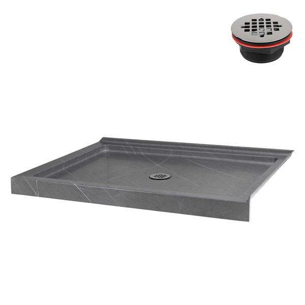 Streamline 48 x 36-in Corner Acrylic Shower Base w/ Included Centre Drain - Matte Grey