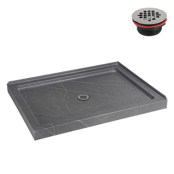 Streamline 48 x 36-in Corner Acrylic Shower Base w/ Included Centre Drain - Matte Grey