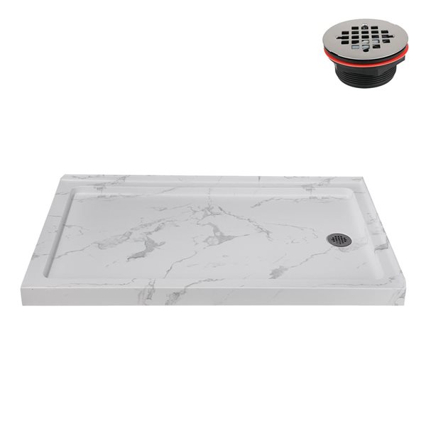 Streamline 60 x 36-in Corner Acrylic Shower Base w/ Included Right Side Drain - Matte Marble