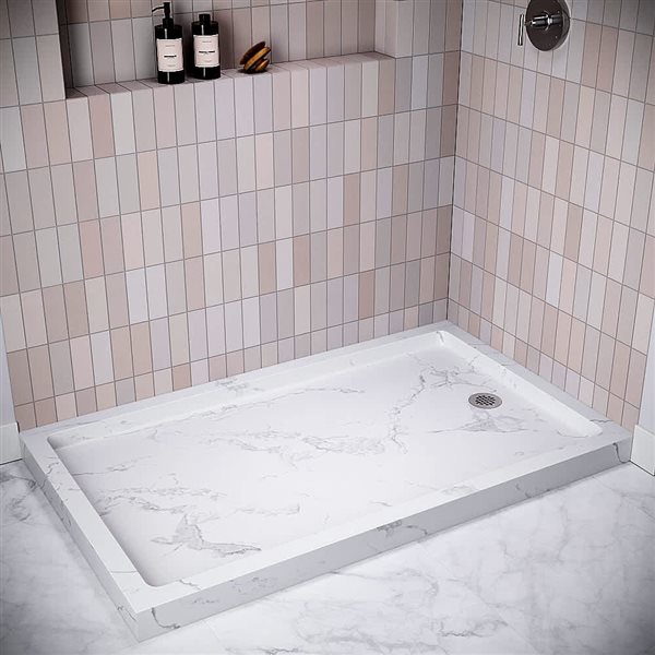 Streamline 60 x 36-in Corner Acrylic Shower Base w/ Included Right Side Drain - Matte Marble