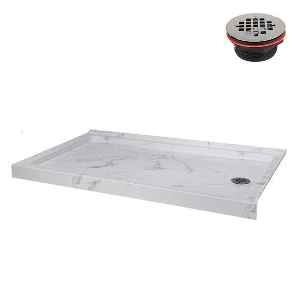 Streamline 60 x 36-in Corner Acrylic Shower Base w/ Included Right Side Drain - Matte Marble