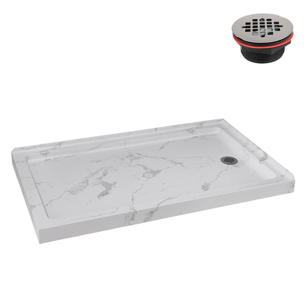 Streamline 60 x 36-in Corner Acrylic Shower Base w/ Included Right Side Drain - Matte Marble