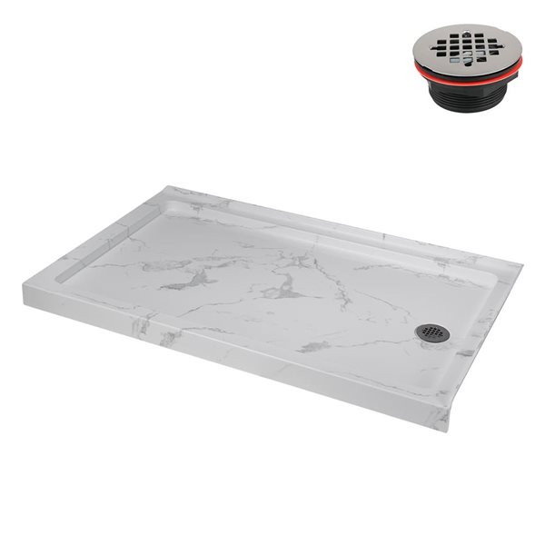 Streamline 60 x 36-in Corner Acrylic Shower Base w/ Included Right Side Drain - Matte Marble