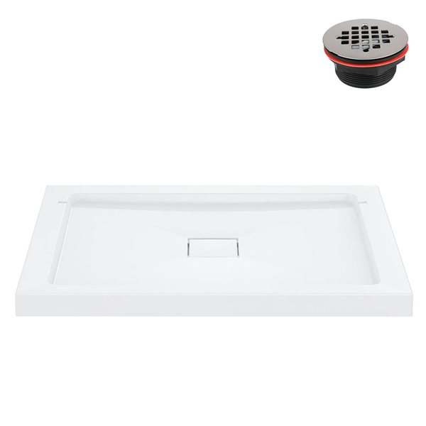 Streamline 42 x 34-in Alcove PP Shower Base w/ Included Centre Drain - Glossy White