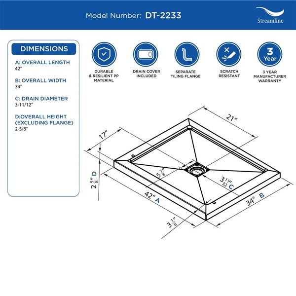 Streamline 42 x 34-in Alcove PP Shower Base w/ Included Centre Drain - Glossy White