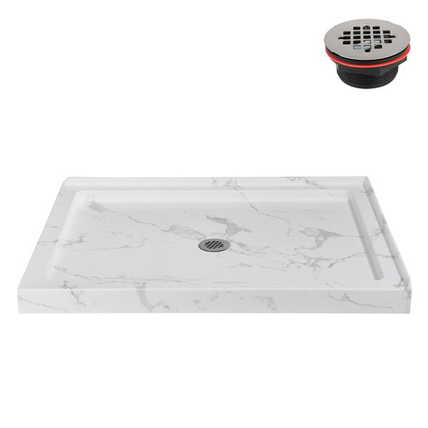 Streamline 48 x 36-in Corner Acrylic Shower Base w/ Included Centre Drain - Matte Marble
