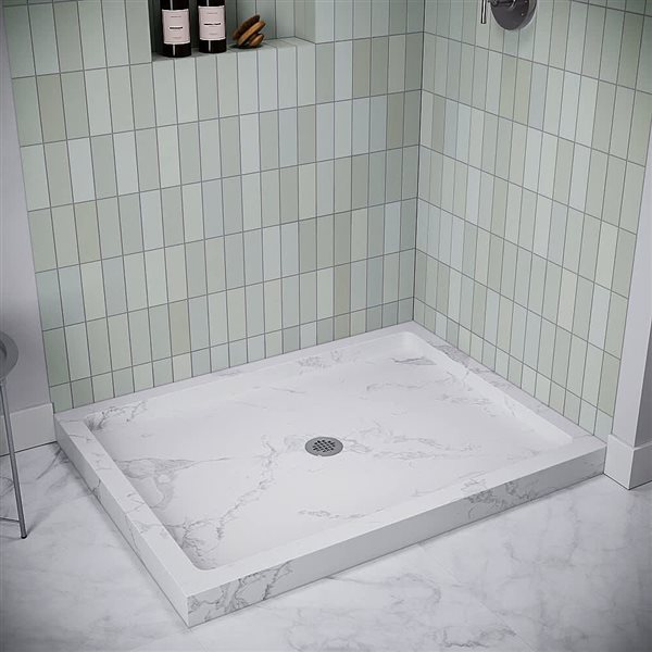 Streamline 48 x 36-in Corner Acrylic Shower Base w/ Included Centre Drain - Matte Marble