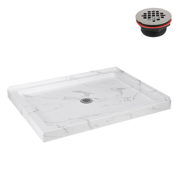 Streamline 48 x 36-in Corner Acrylic Shower Base w/ Included Centre Drain - Matte Marble