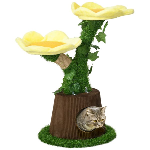 PawHut Plush Beige Jute 2-Flower Platform Multi-Activity Center with Elevated Perches Cat Tree