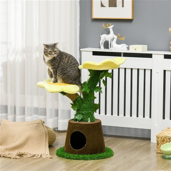 PawHut Plush Beige Jute 2-Flower Platform Multi-Activity Center with Elevated Perches Cat Tree